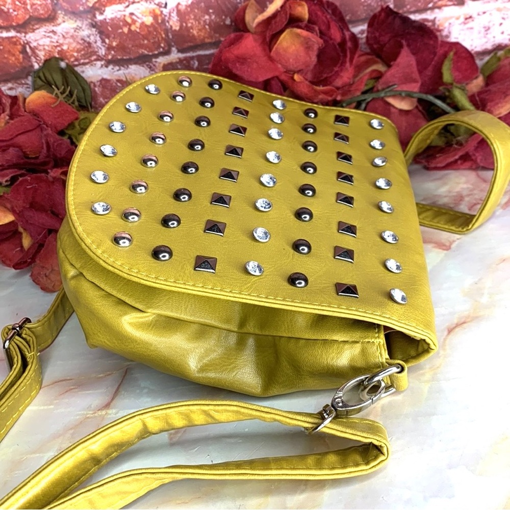 Lemon Citron Studded Rhinestone Soft Leather Crossbody Bag - Picture 12 of 14